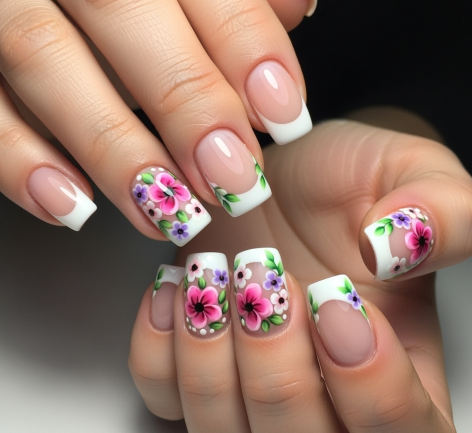 Floral French Tip Nails