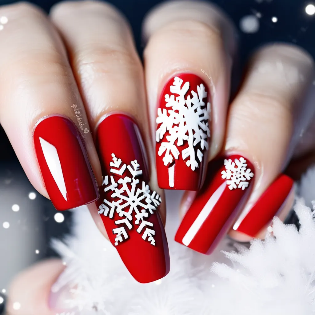 Red Nails with White Snowflakes