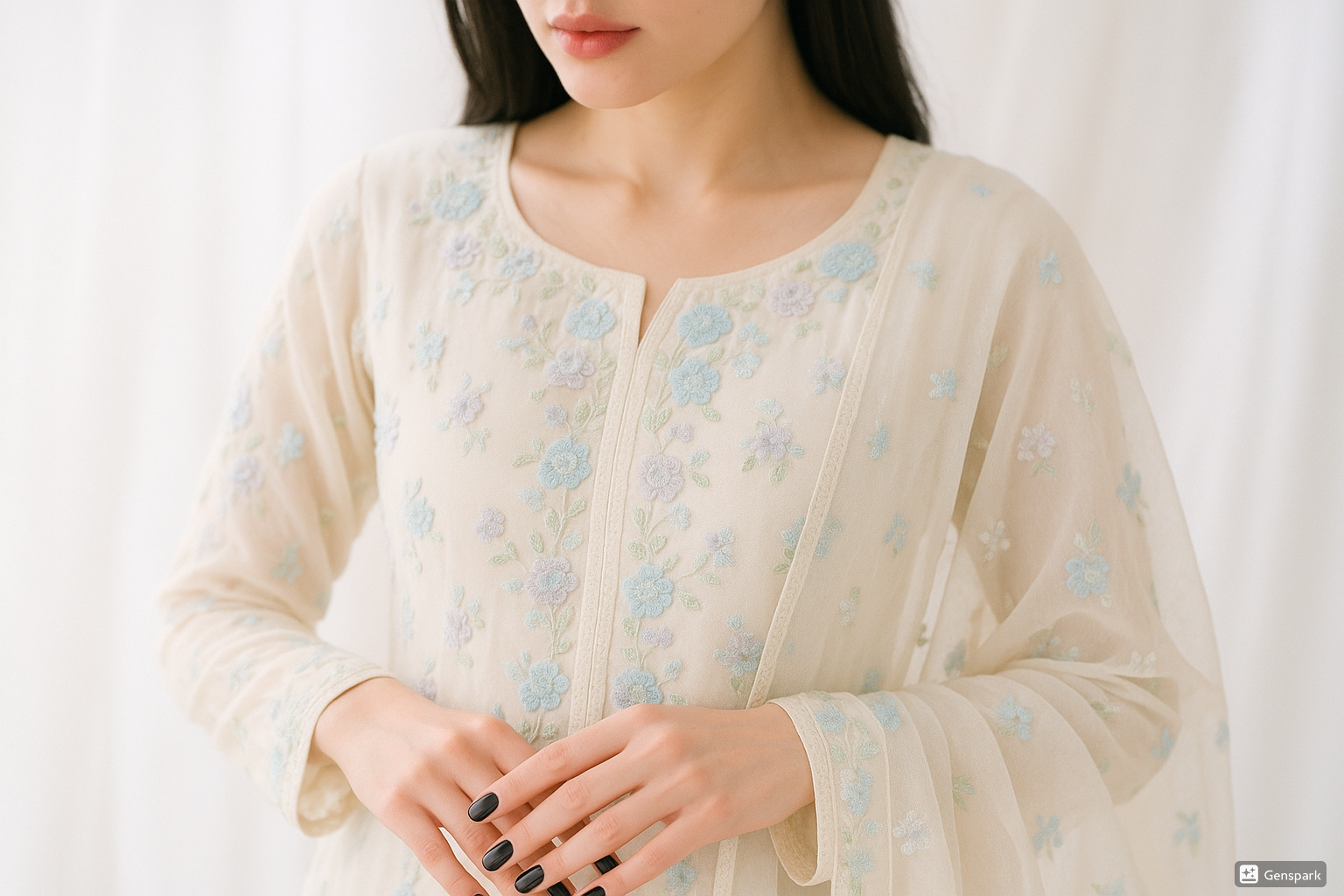 Ivory Georgette with Pastel Thread Embroidery
