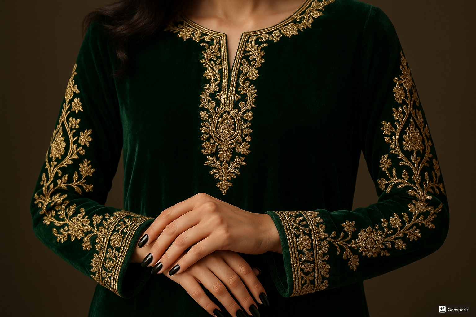 Deep Emerald Velvet with Gold Tilla Embroidery